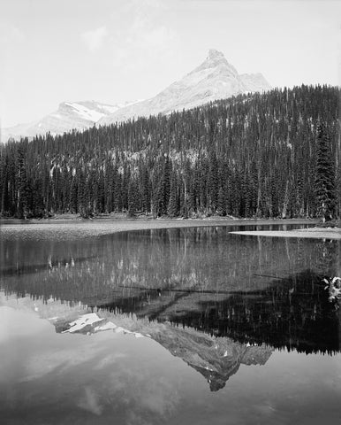 A vintage photograph of Summit Lake, with trees and a mountain reflected in the water