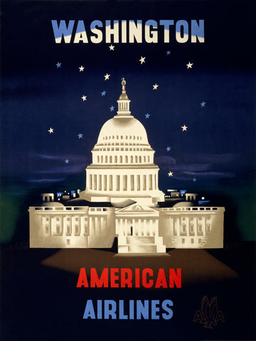 A vintage travel poster for American Airlines and Washington DC