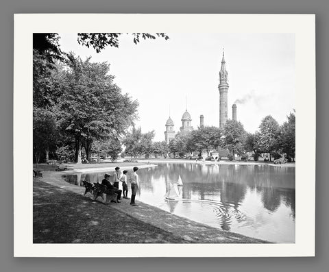 A mockup of a paper print of a restored vintage photo of boys in Detroit's Water Works Park