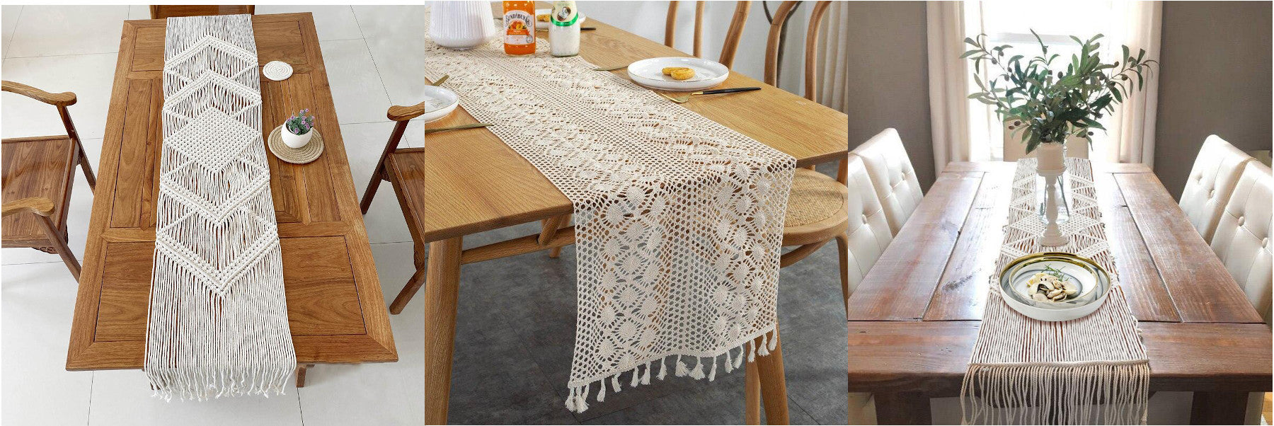 Chemin de table en macramé, coton et lin naturel, décoration de table pompon  en