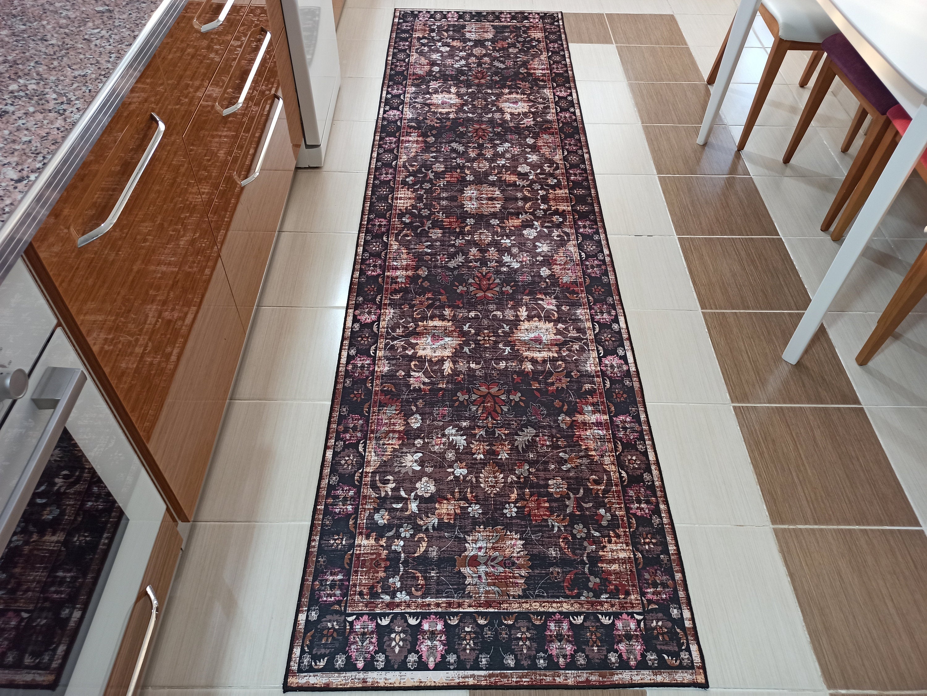GLORYA Runner | Persian style rug, Faded Black Brown Vintage design Farmhouse decor Distressed, Floor decoration idea Housewarming Teppich
