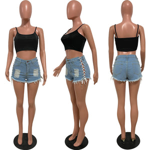 Sexy Bandage Denim Shorts Summer Women Bottoms Light Blue Short Jeans Hollow out Clubwear High Street Shorts 2021 Y2k Streetwear