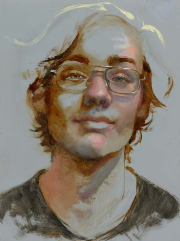 Deliberately unfinished tonal oil portrait painting of a young man with gray background