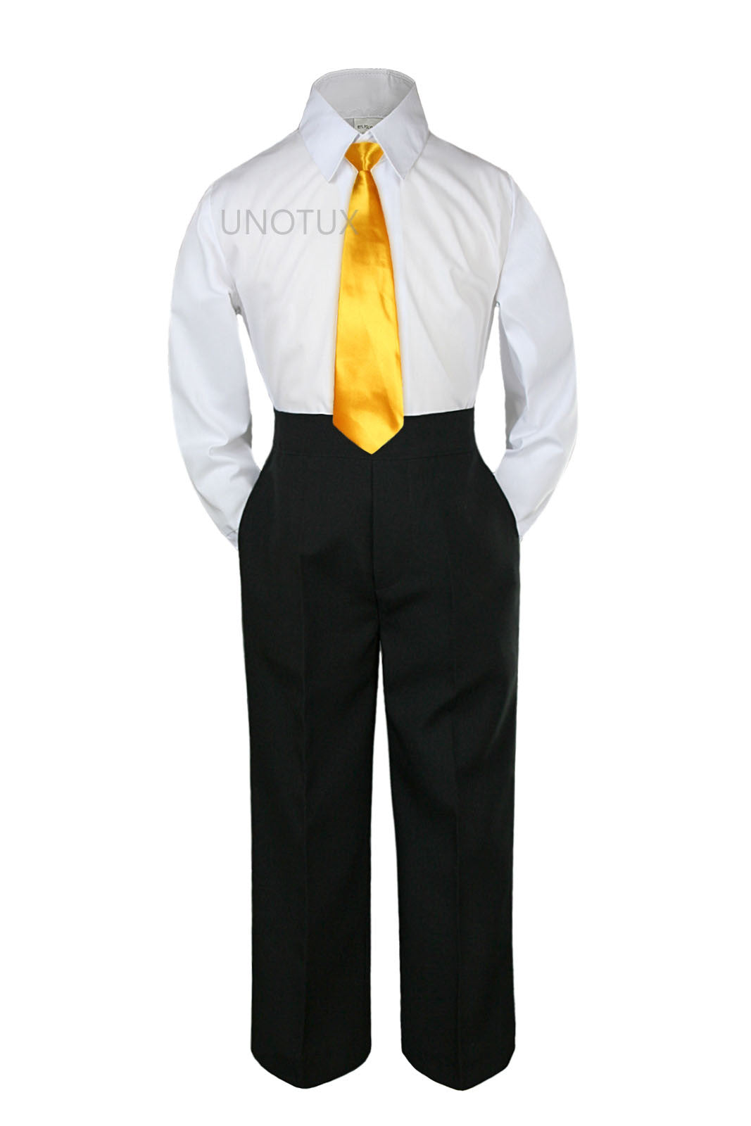 Unotux Boys 3pcs Set Yellow Long Tie White Shirt Black Pants