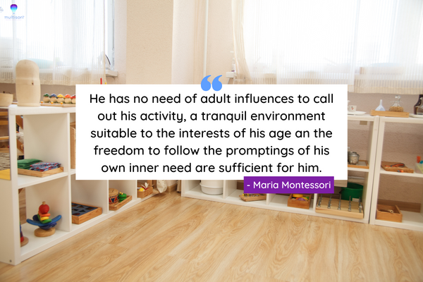 He has no need of adult influences to call out his activity, a tranquil environment suitable to the interests of his age an the freedom to follow the promptings of his own inner need are sufficient for him. - Maria Montessori quote