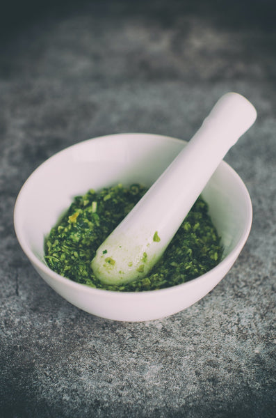 Mortar and pestle with pesto