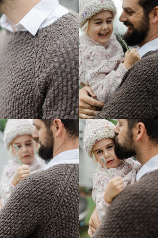 father embracing daughter while wearing a grey handspun sweater
