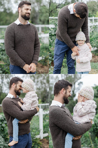 series of 4 photos of a man and his daughter as both wear handspun and knit items