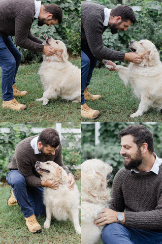 bearded man pats and plays with an English cream golden retriever dog