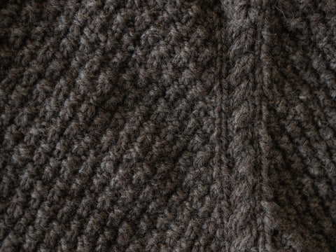 close up of purl, knit and cable stitches in grey handspun yarn