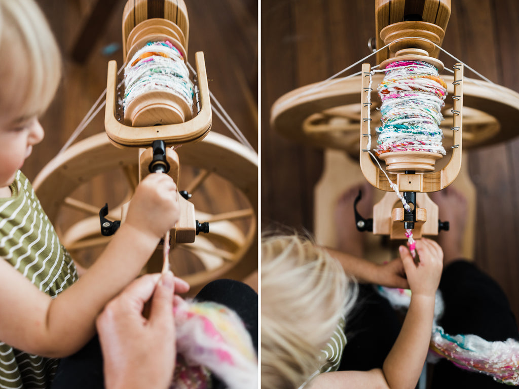 Australian spinner and weaver Samantha Gehrmann of this darling home handspinning art yarn on a schacht matchless