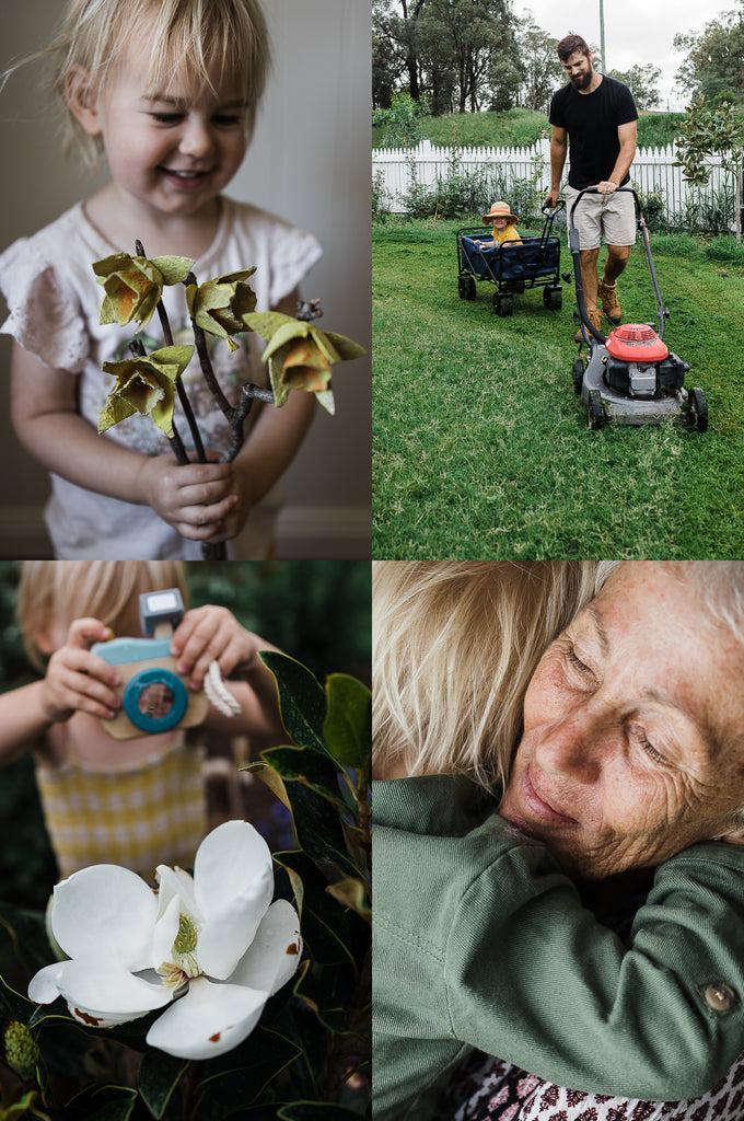 this darling home rainy day toddler activities including egg carton daffodils, mowing the lawn with dad, visits from nanny and photographing a magnolia flower