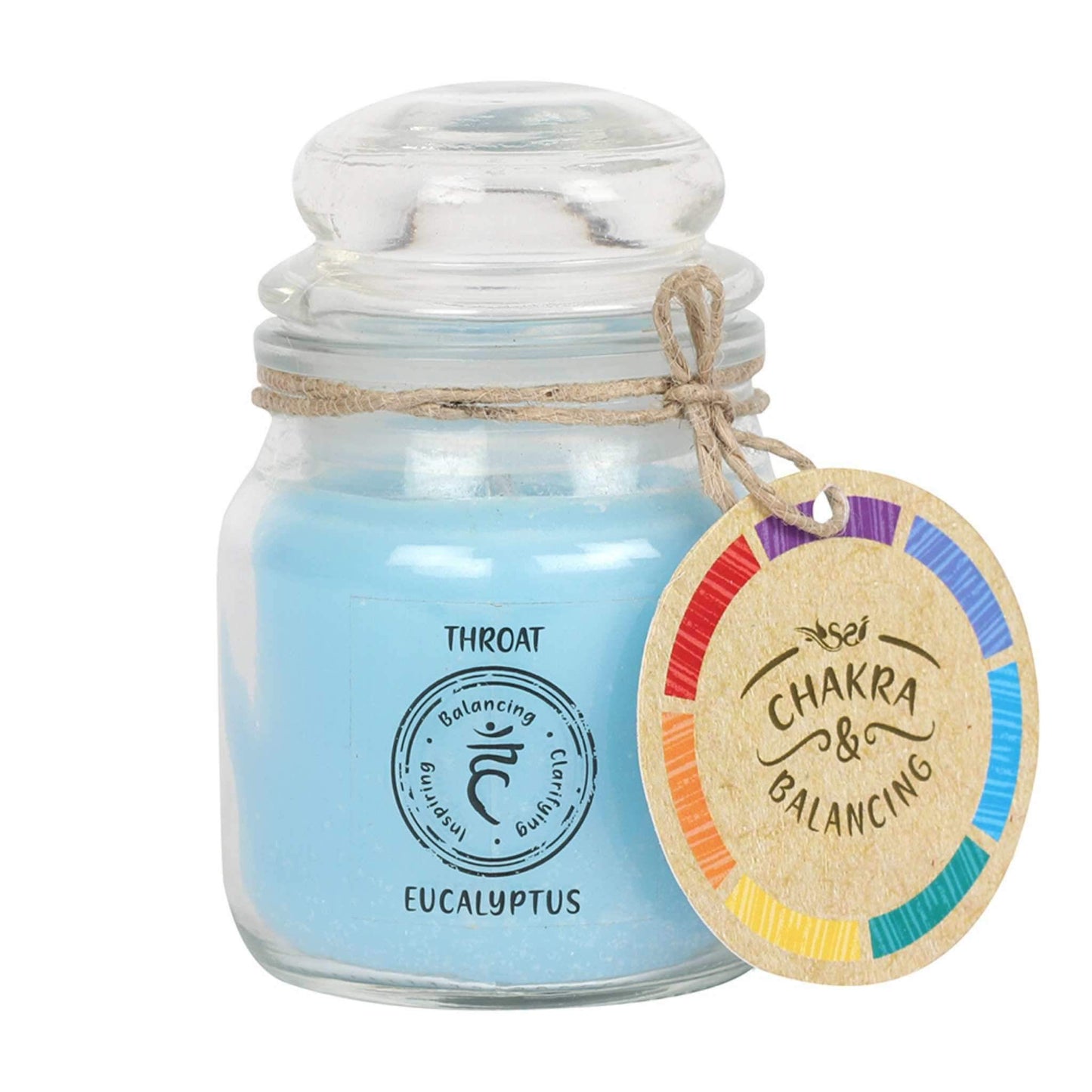Balancing Chakra Candle in a min glass jar with stopper. Tied with a label that says Chakra Balancing. Candle is blue with a label on the jar that says Throat - Eucalyptus