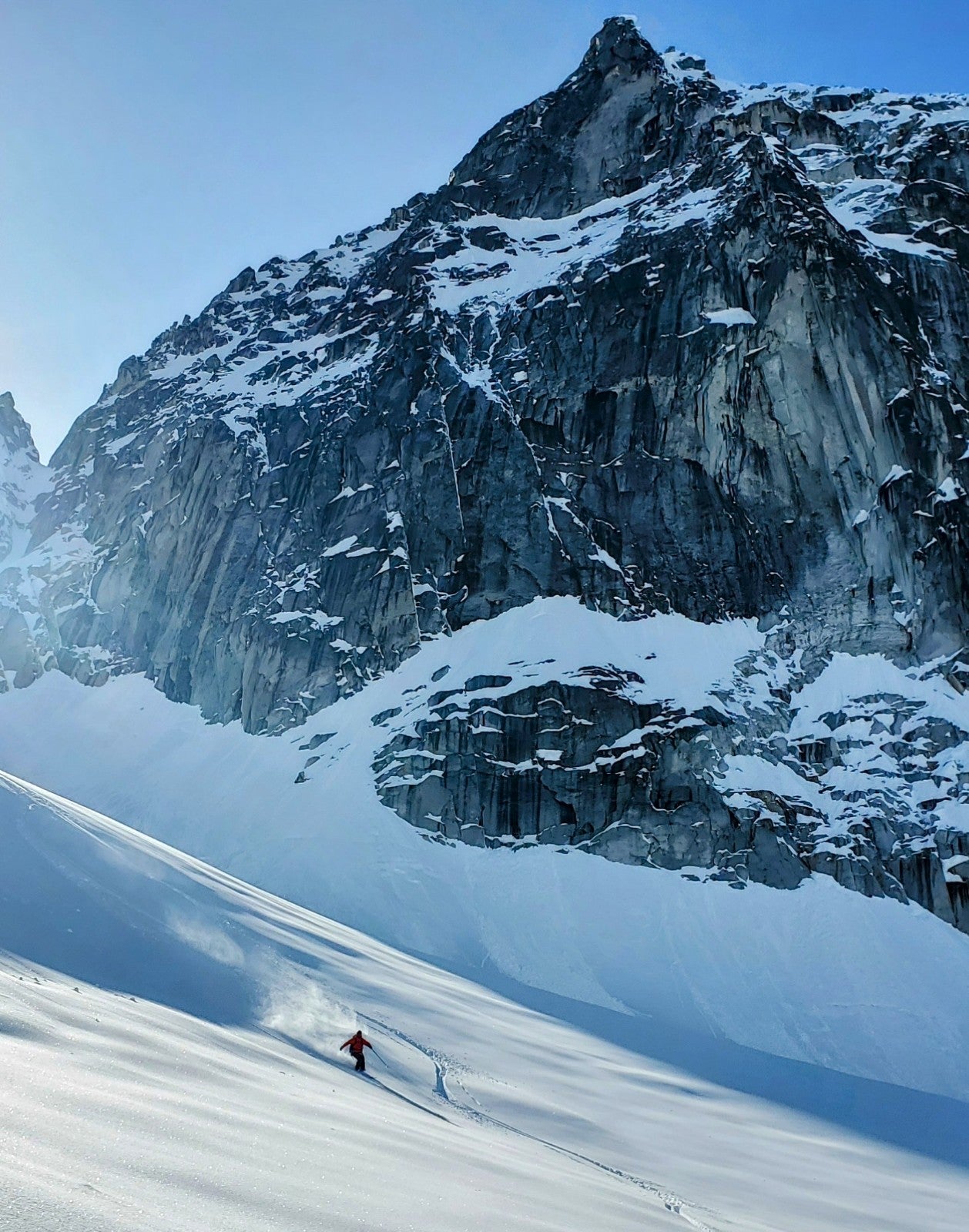 The first of many runs skiing powder this trip. Skiing Alaska.