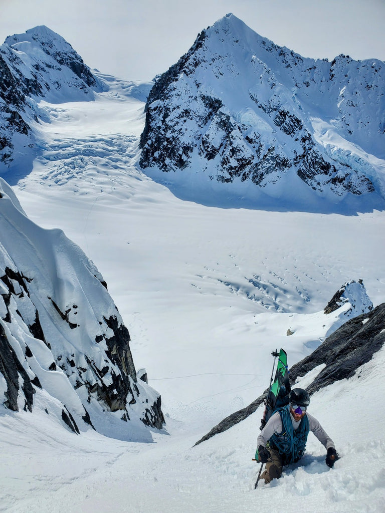 Booting the isothermic couloir on the Hobbit King. The northeast face of Italy’s Boot fills the background on the right.