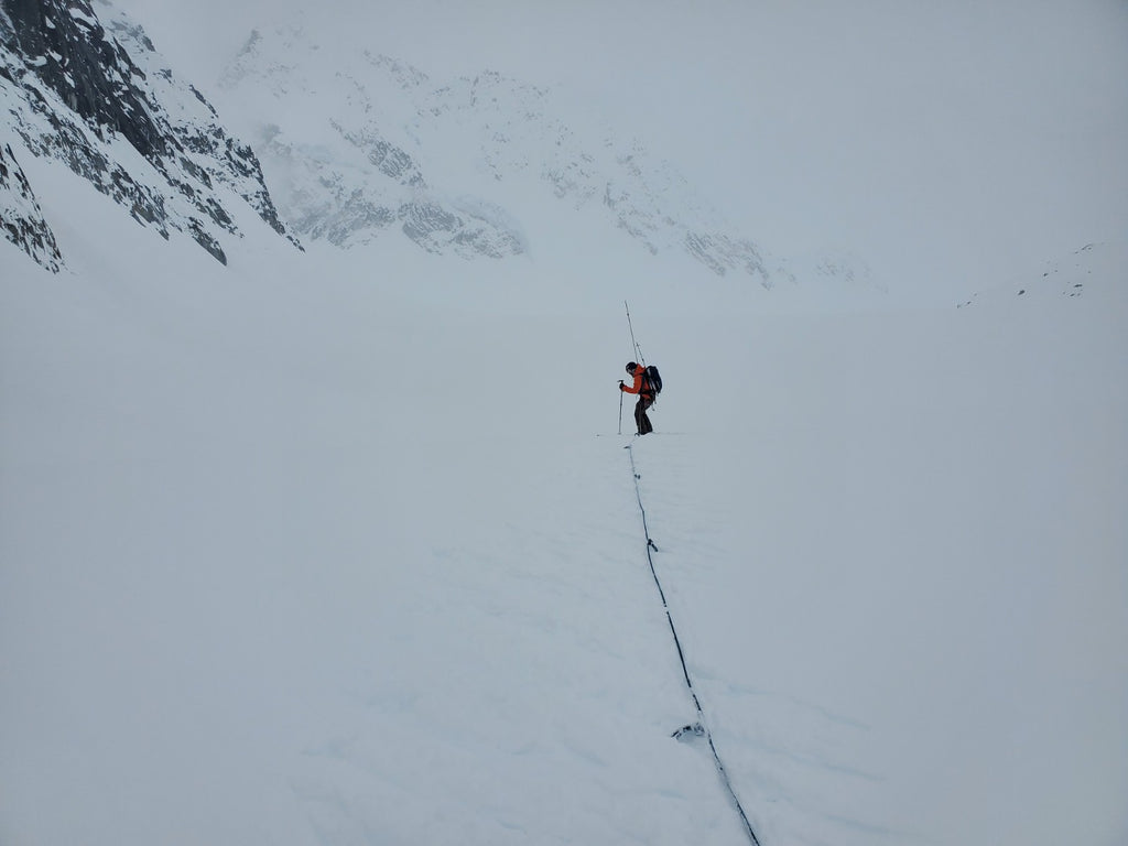 Navigating down an unknown glacier in low visibility. - Skiing Pika Glacier