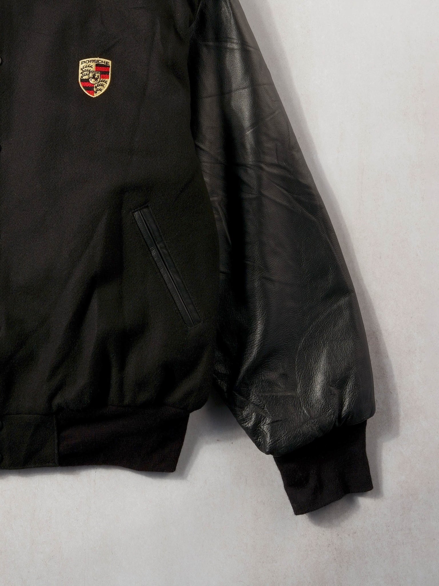 Vintage 90s Black Wool and Leather Porsche Varsity Jacket (XL)