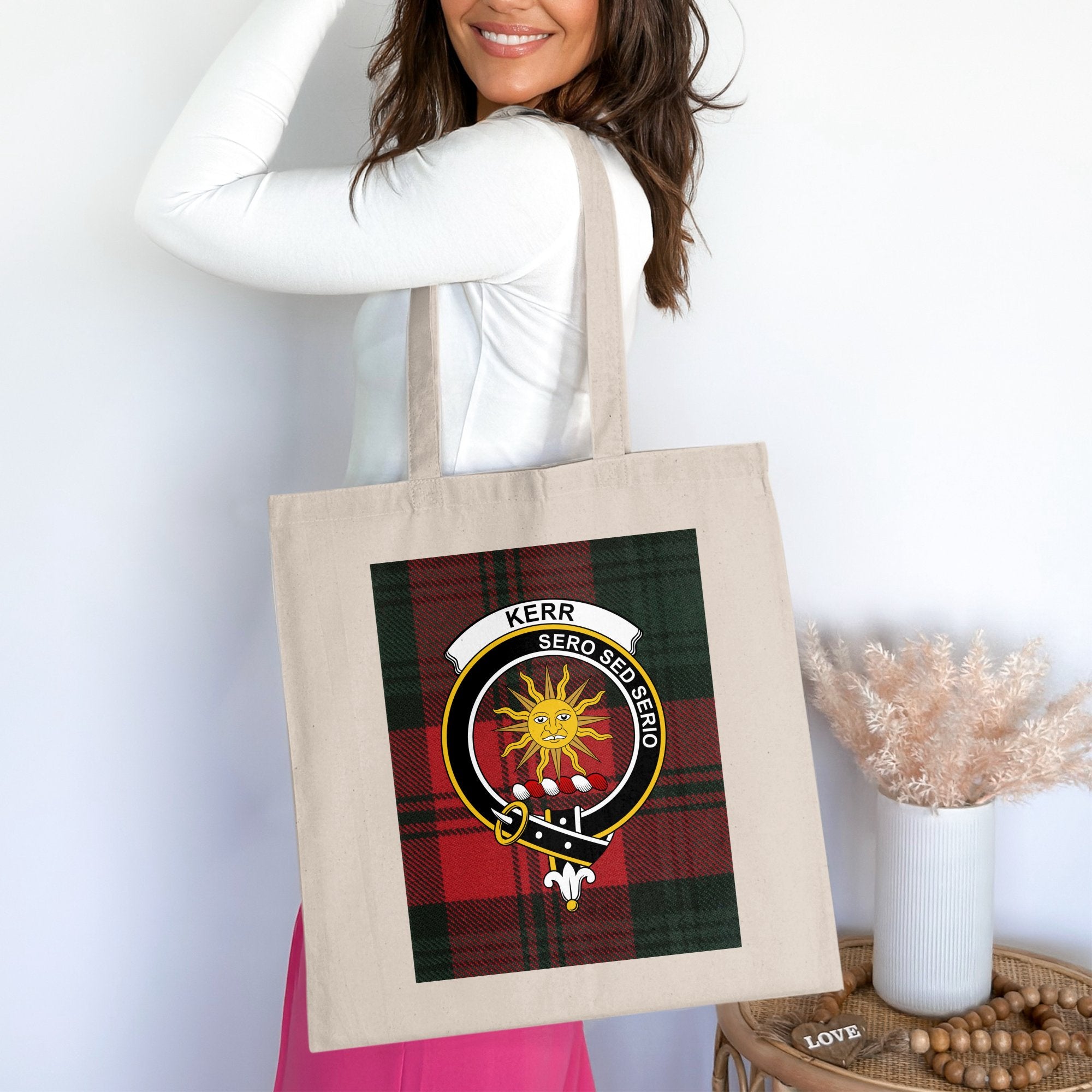 Kerr Scottish Clan Crest on Tartan Background Tote Bag