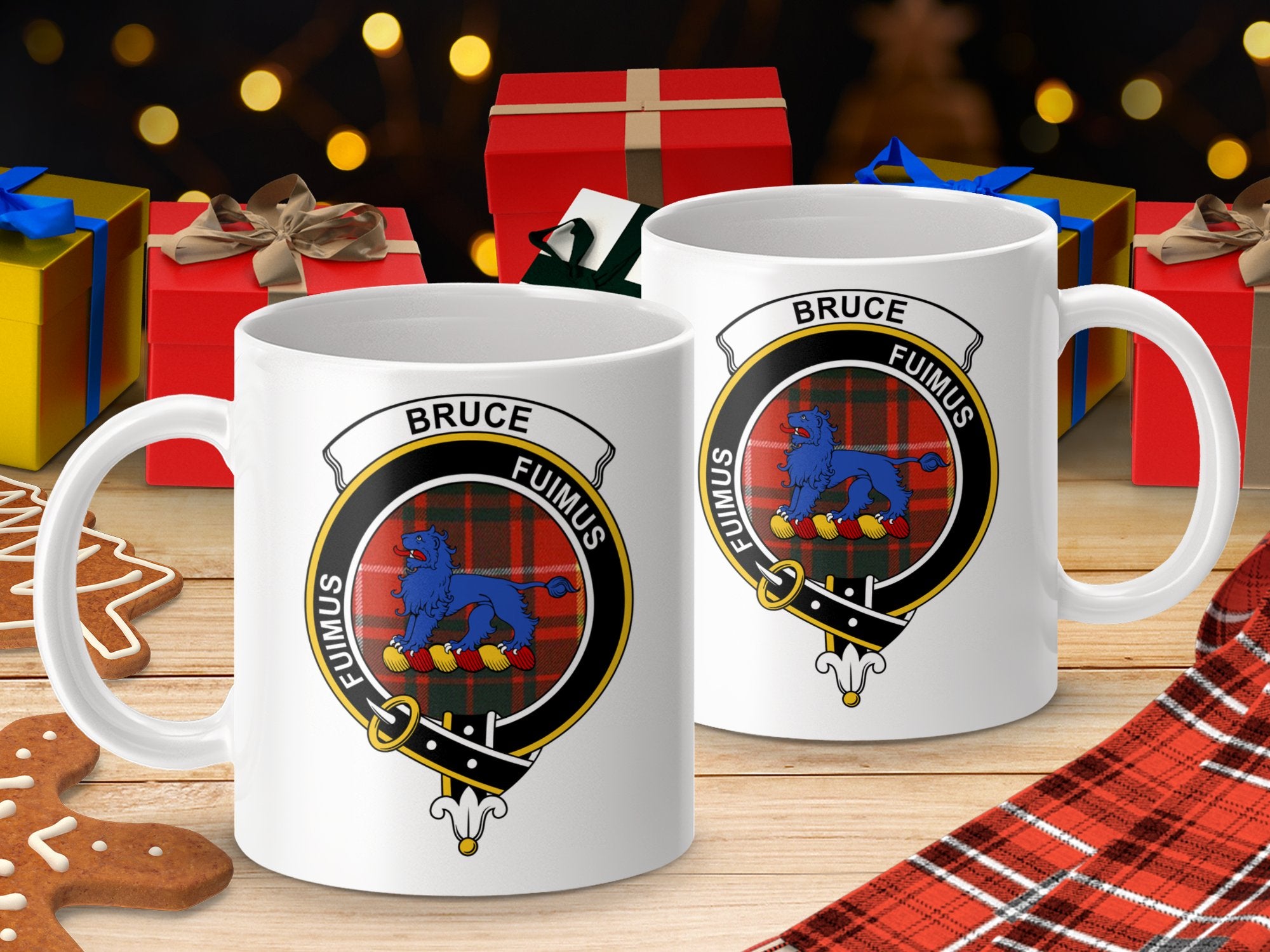 Bruce Scottish Clan Crest on Tartan Background Mugs