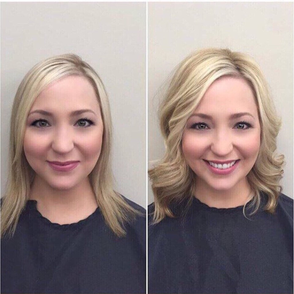 Before and after of a woman wearing a hair topper