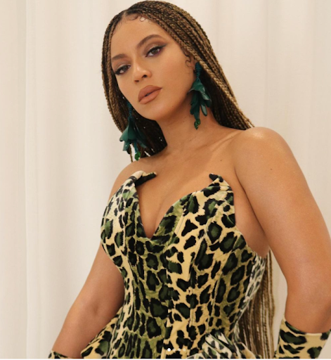 picture of Beyonce with knotless braids in a leopard print dress.