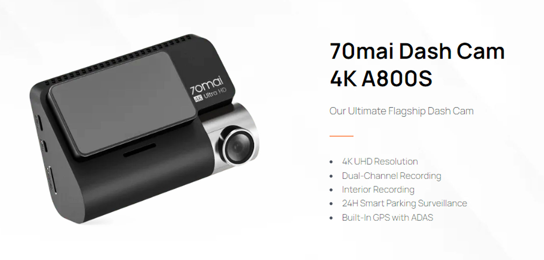 70mai True 4K Dash Cam A800S with Sony IMX415, Built in GPS, Super Night  Vision, 3'' IPS LCD, Parking Mode, ADAS, Loop Recording, iOS/Android App