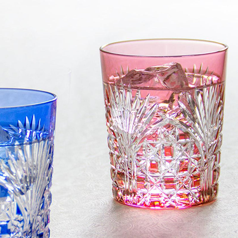 [ROCKS GLASS] PAIR OF WHISKEY GLASSES BAMBOO LEAVES & TETRAGONAL BASKET WEAVE | EDO KIRIKO | KAGAMI CRYSTAL