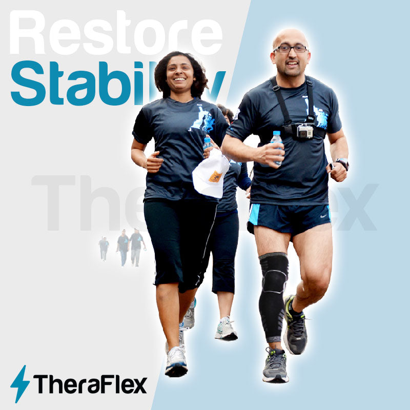 Middle aged woman and man jogging while wearing TheraFlex Knee Sleeves.