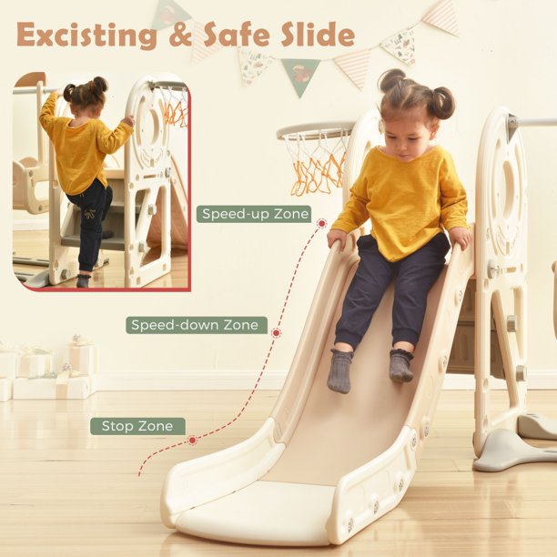 Slide and Swing Set, Toddler Slide Swing Set with Bus Play Structure, Freestanding Slide Set with Climber and Basketball Hoop, Toddler Playground Indoor Outdoor (Beige)