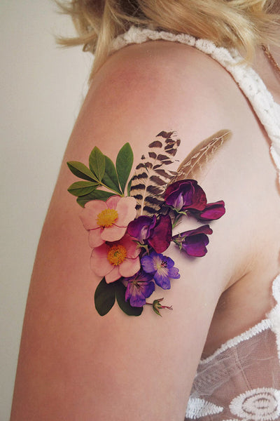 Flowers and feathers temporary tattoo – Temporary Tattoos by Tattoorary