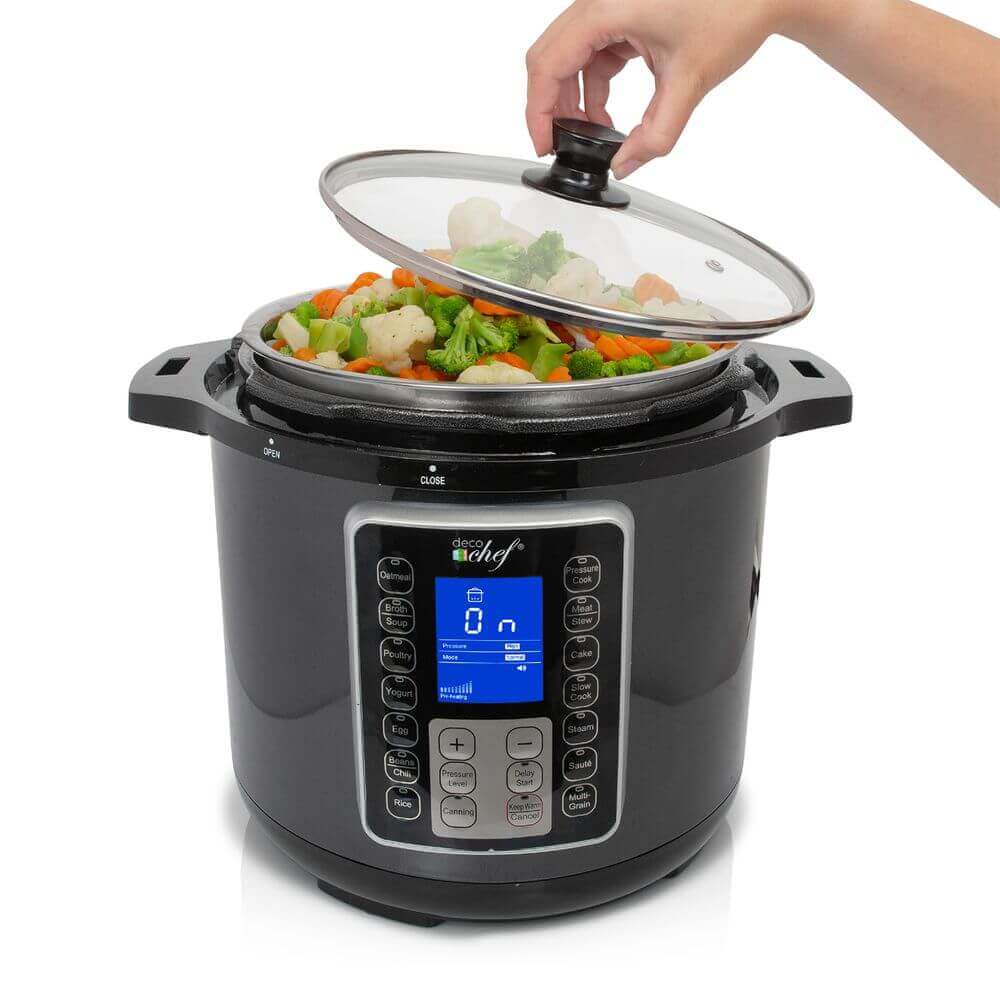 Deco Chef 6 QT 10-in-1 Pressure Cooker Instant Rice, Sauté, Yogurt, Meat, Deserts, Soups, Stews Includes Recipe Book, Tempered Glass Lid, Mitts, Grill Rack, and Steaming Basket - DecoGear
