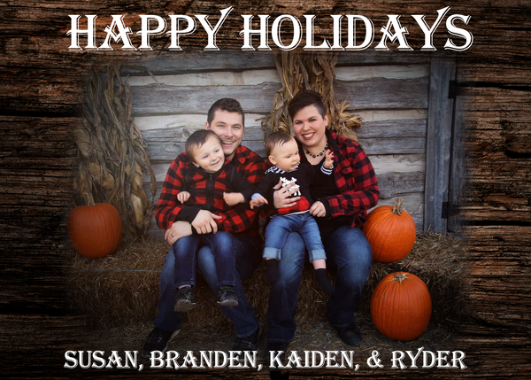 Sciggles - Black Friday - Happy Holidays - Susan, Branden, Kaiden, & Ryder - SciggleNVY Family Picture - Babies on Parents Laps on Bales of Hay, with pumpkins and dried corn stalks
