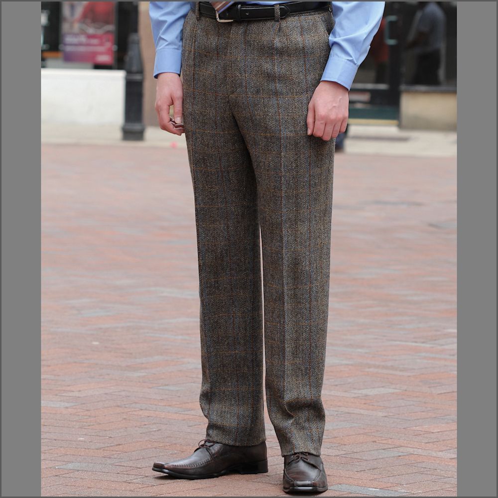 Harris Tweed Brown, Blue Herringbone Trousers>