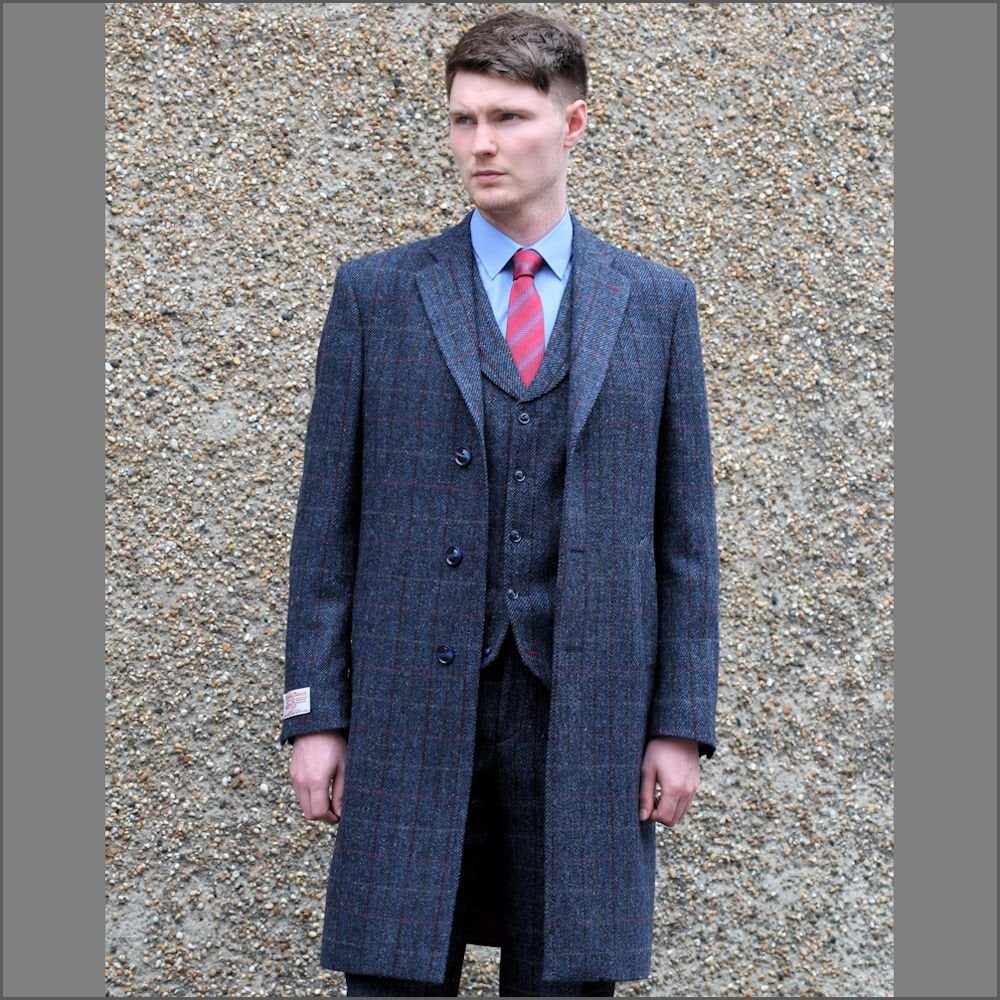 Harris Tweed Blue with Wine Check Overcoat<>