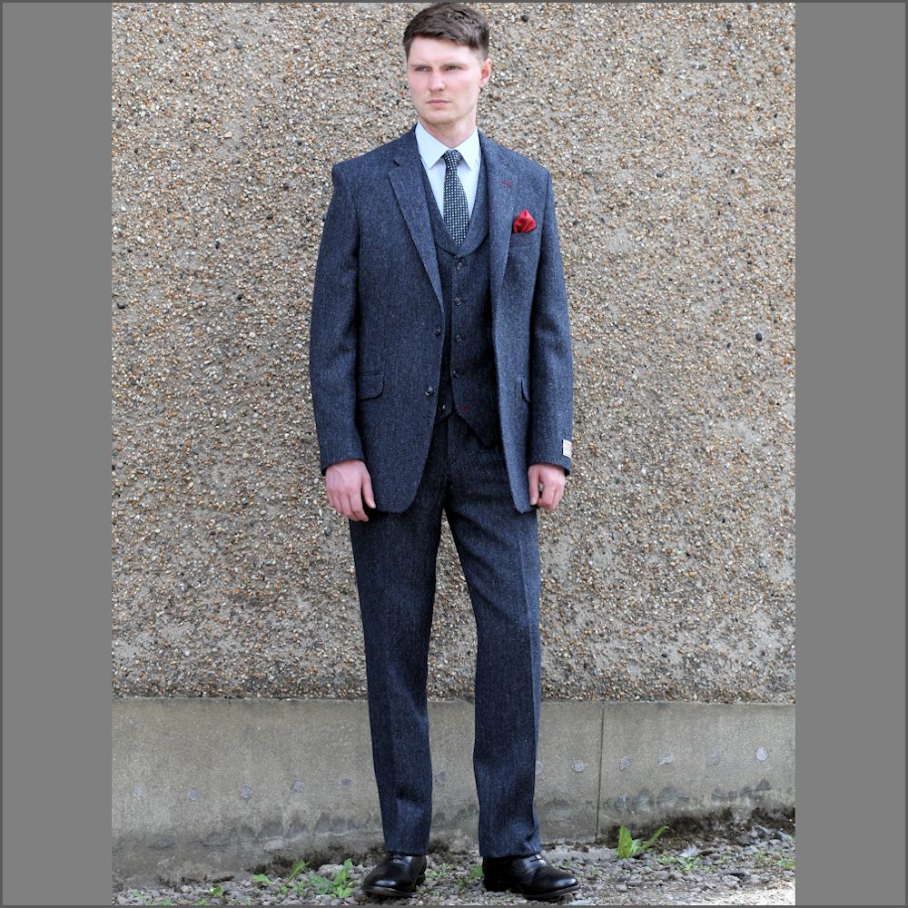 Harris Tweed Dark Blue Herringbone 3pc Suit^^