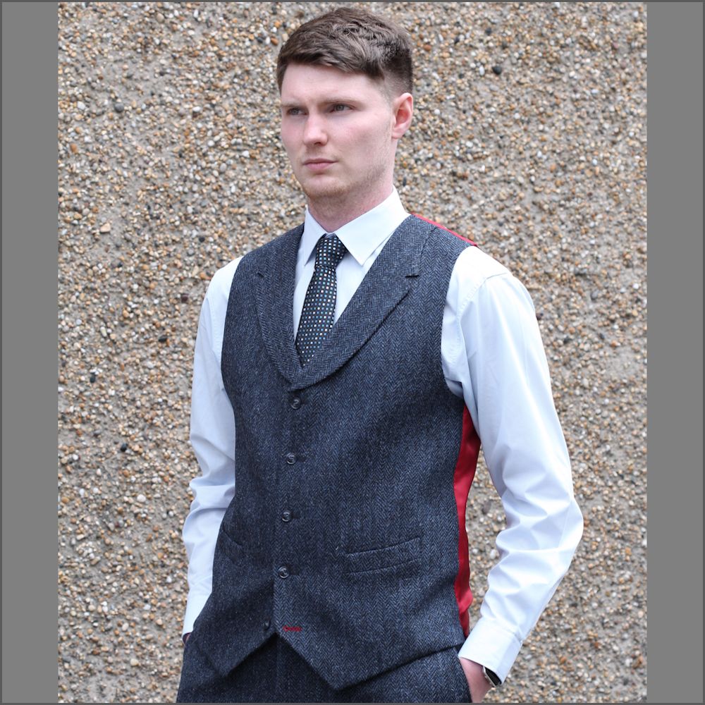 Harris Tweed Dark Blue Herringbone Waistcoat>>