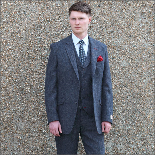 Harris Tweed Dark Blue Herringbone 3pc Suit Cwmenswear 7055