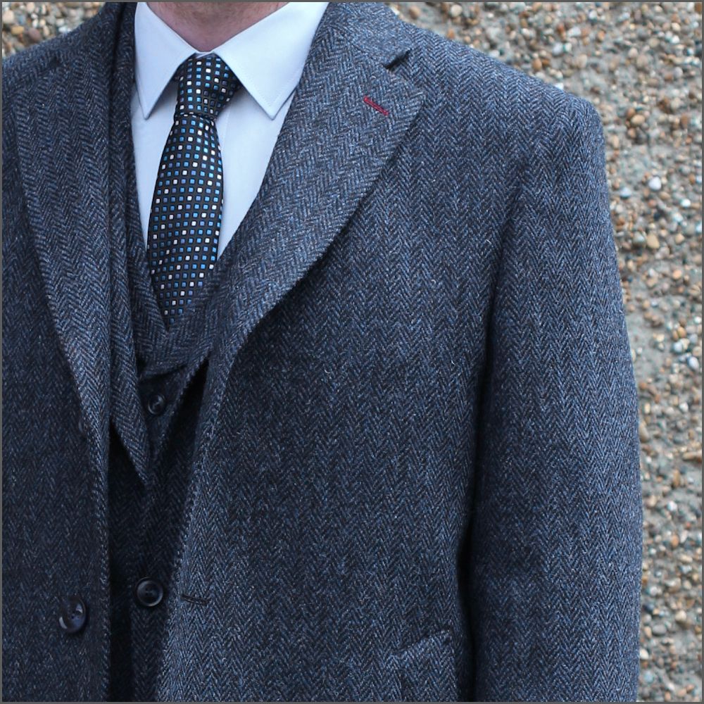 Harris Tweed Dark Blue Herringbone Overcoat, | cwmenswear
