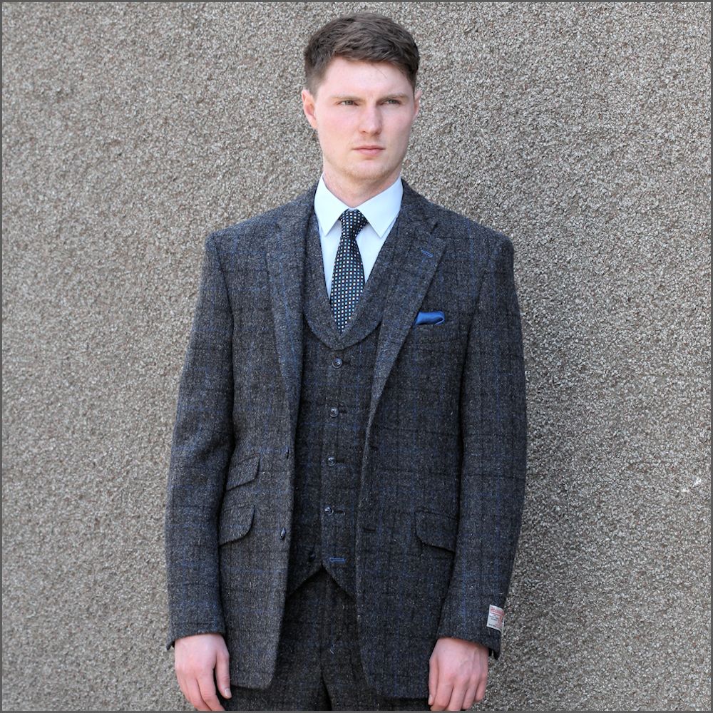 Harris Tweed Grey Marl With Blue Over Check Jacket>