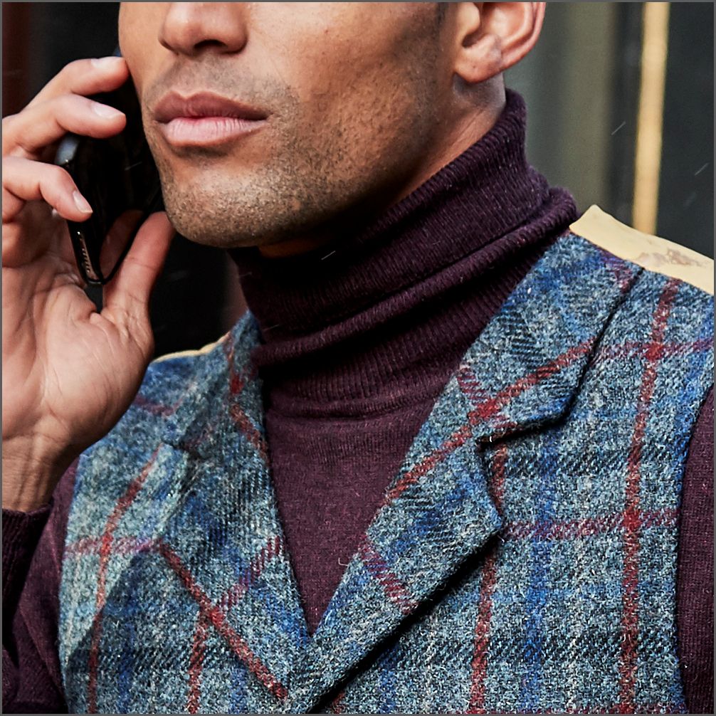 Scarista Blue with Wine over check. Harris Tweed Waistcoat**