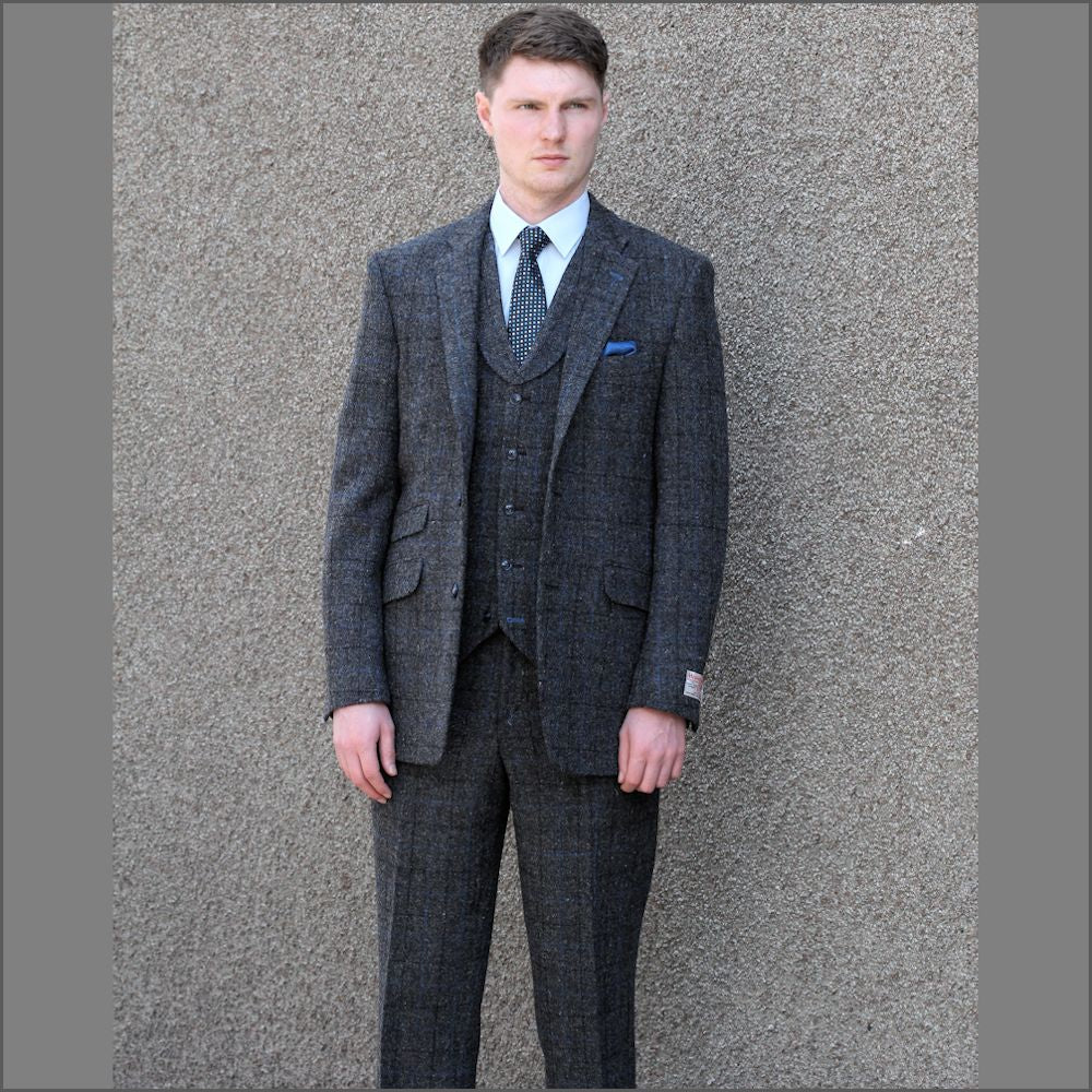 Harris Tweed Grey Marl with Blue Check 3pc Suit>