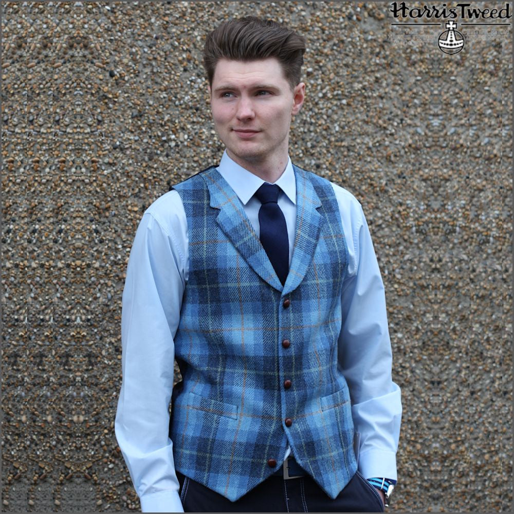 Harris Tweed Light Blue Check Waistcoat>>