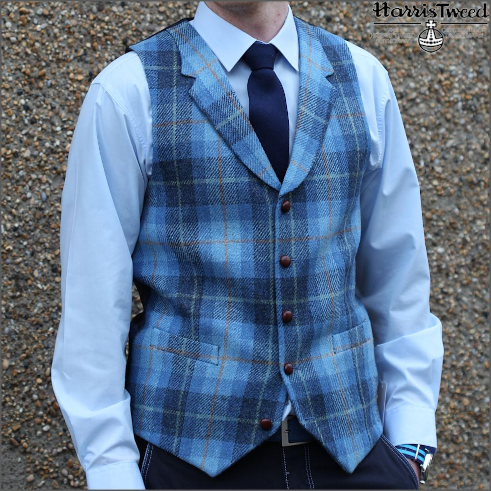 Harris Tweed Light Blue Check Waistcoat>>