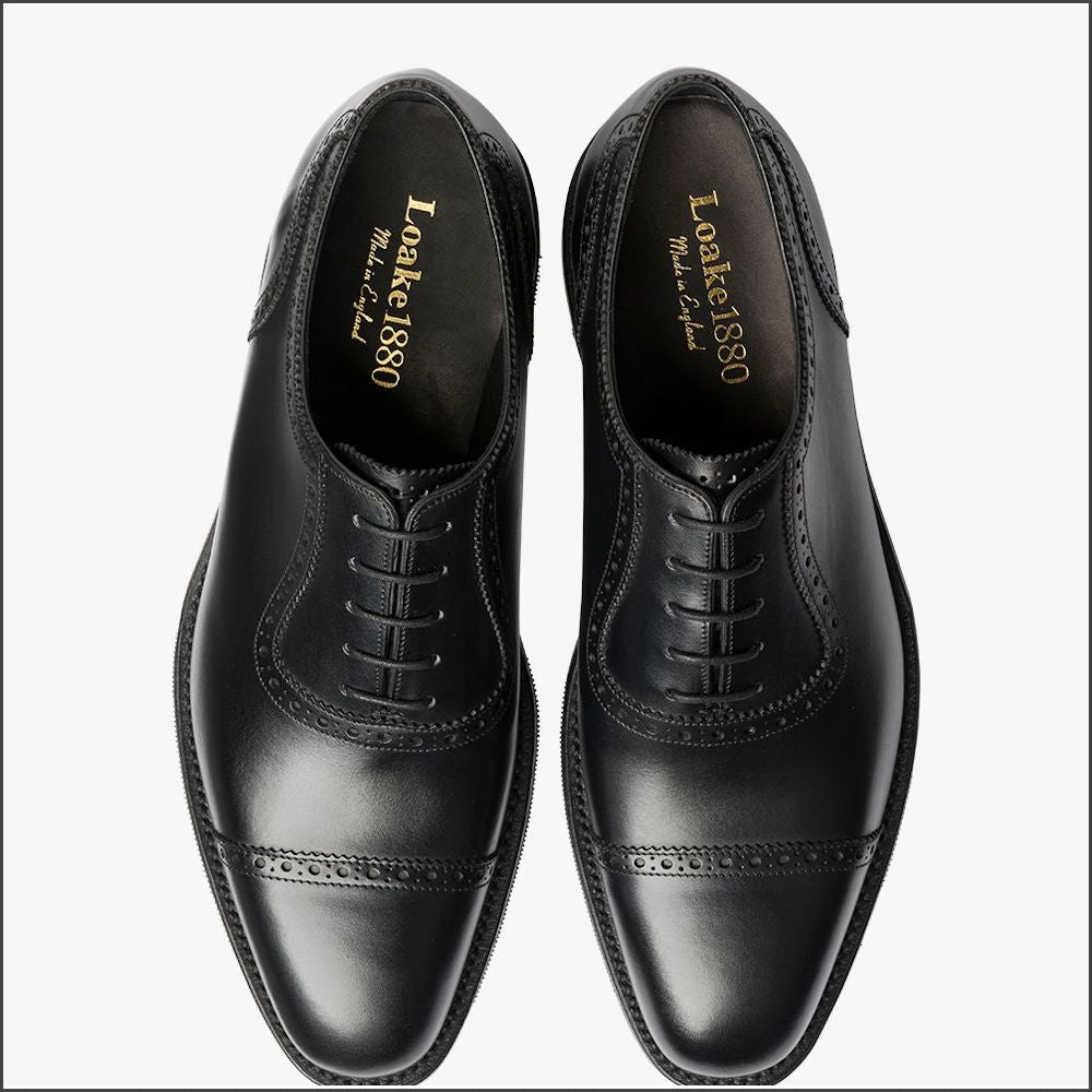 Loake Fleet Black Semi Brogue Oxford Shoe- | cwmenswear