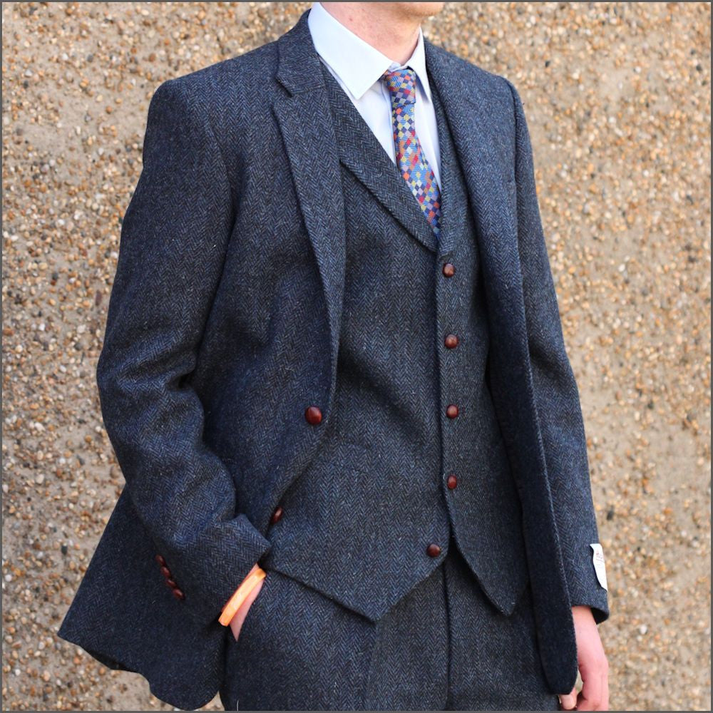 Harris Tweed Dark Blue Herringbone 3pc Suit, | cwmenswear