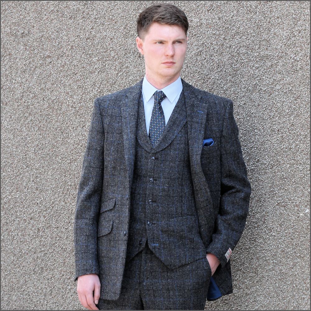 Harris Tweed Grey Marl With Blue Over Check Jacket>