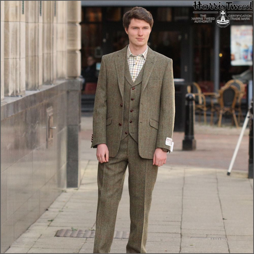 Harris Tweed Beige/Olive Herringbone 3pc Suit, | cwmenswear