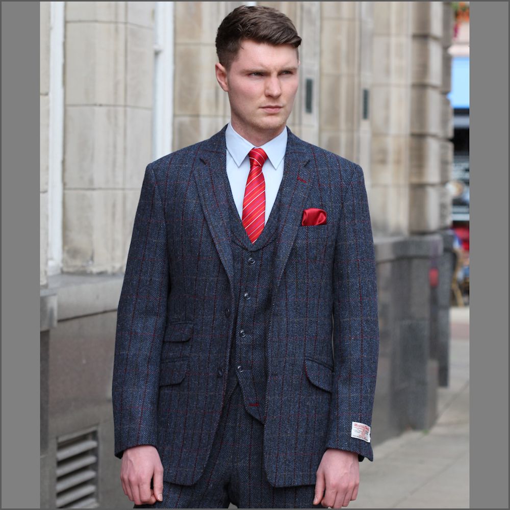 Harris Tweed Blue, Wine Check 3pc Suit>