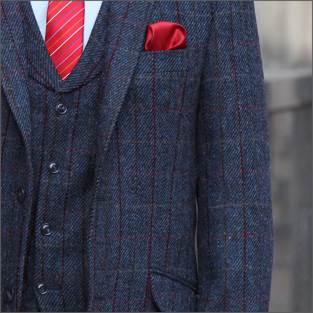 Harris Tweed Blue, Red Check 3pc Suit | cwmenswear