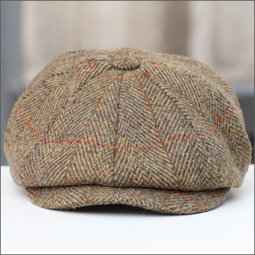 Harris Tweed Carloway 8 Piece Olive Herringbone Cap^^